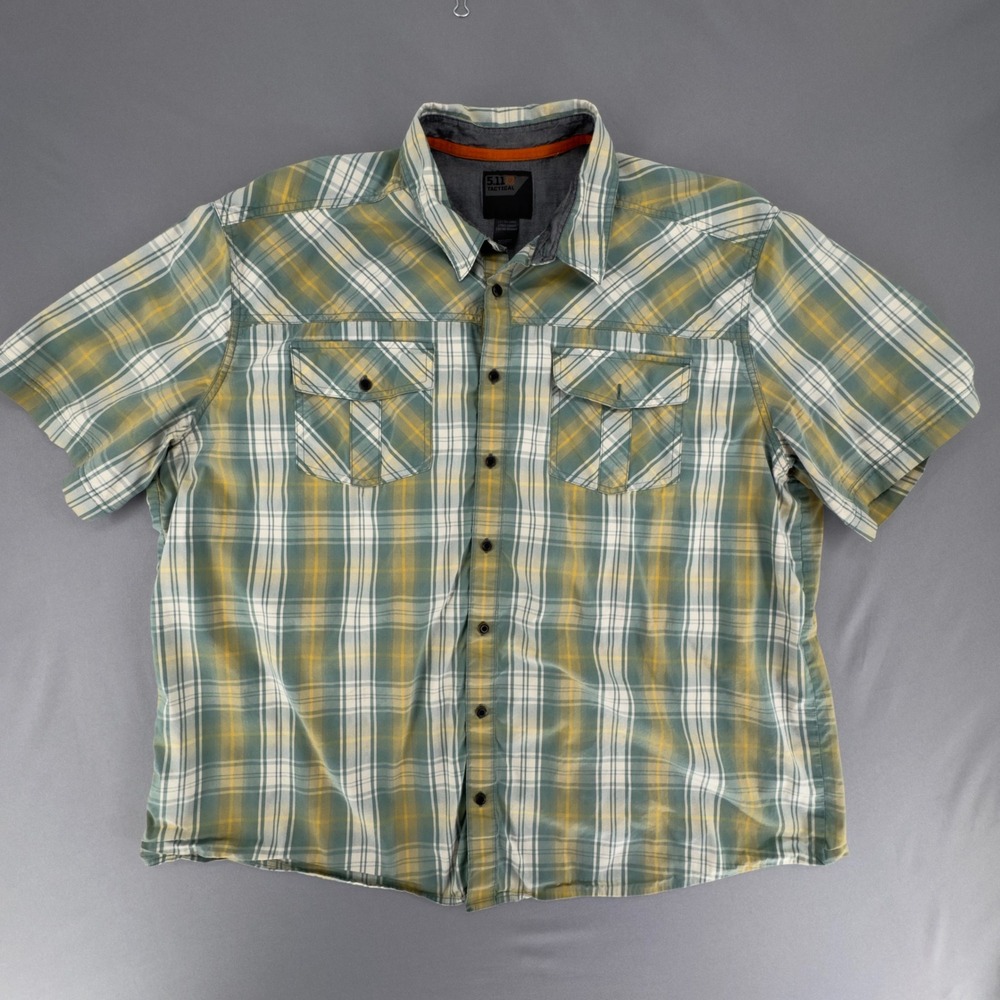 5.11 Tactical Mens 2XL Short Sleeve Plaid snap Button Shirt Green Yellow EUC